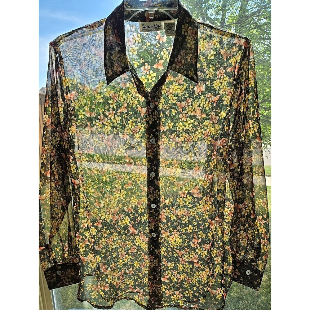 Sheer Floral Button Top‎ Sz L Super Line Bohemian Whimsigoth Festive USA Fairy